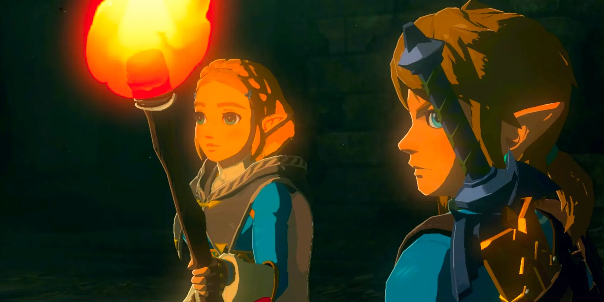 A screenshot from Tears of the Kingdom's opening cutscenes, showing Zelda holding a torch next to Link as they both look offscreen to the right. Image