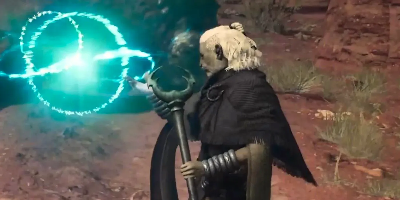 A screenshot of a Sorcerer casting a spell in Dragon's Dogma 2. Image