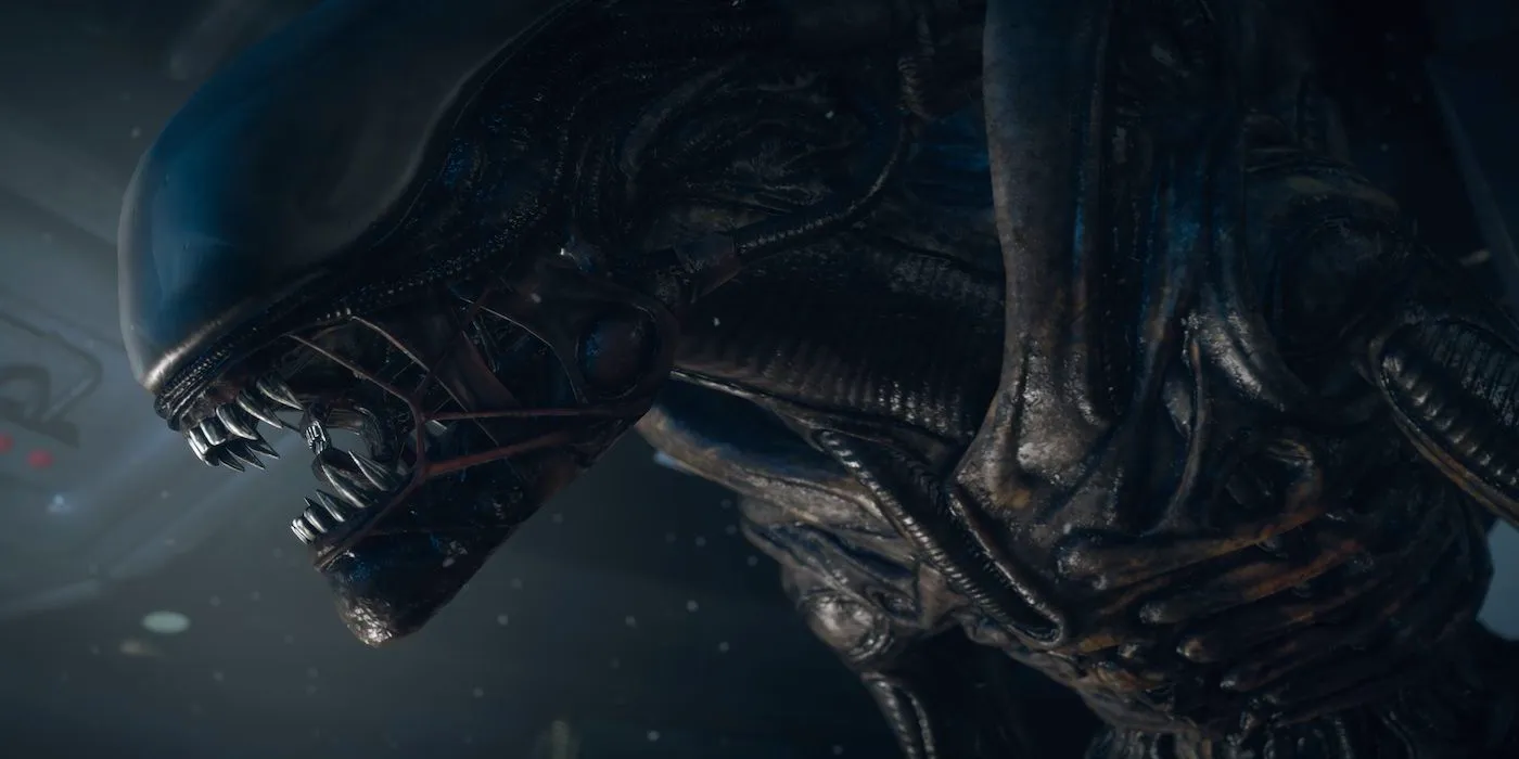 A screenshot of the Xenomorph opening its mouth in the game Alien: Isolation (2014). Image