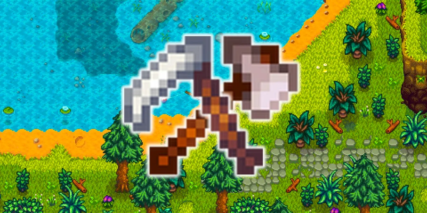 A scythe and axe from Stardew Valley overlaid onto an image of a farmer fishing Image