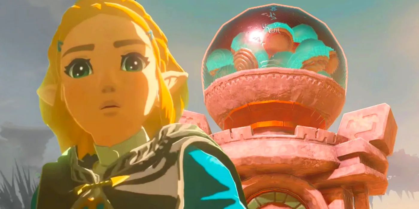 A shocked Princess Zelda in front of a Zonai Device Dispenser in Tears of the Kingdom. Image