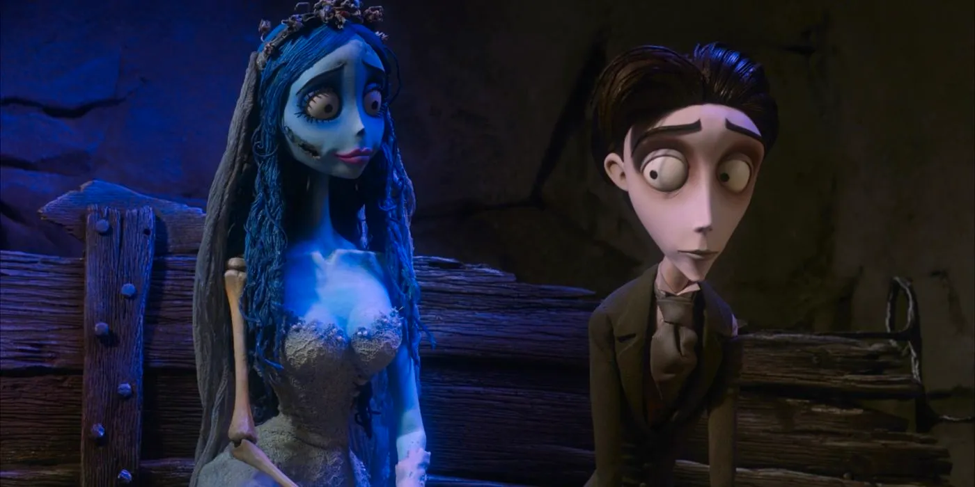 A shot from the scene in Corpse Bride when Emily reunites Victor with his dead childhood pet, Scraps. Image