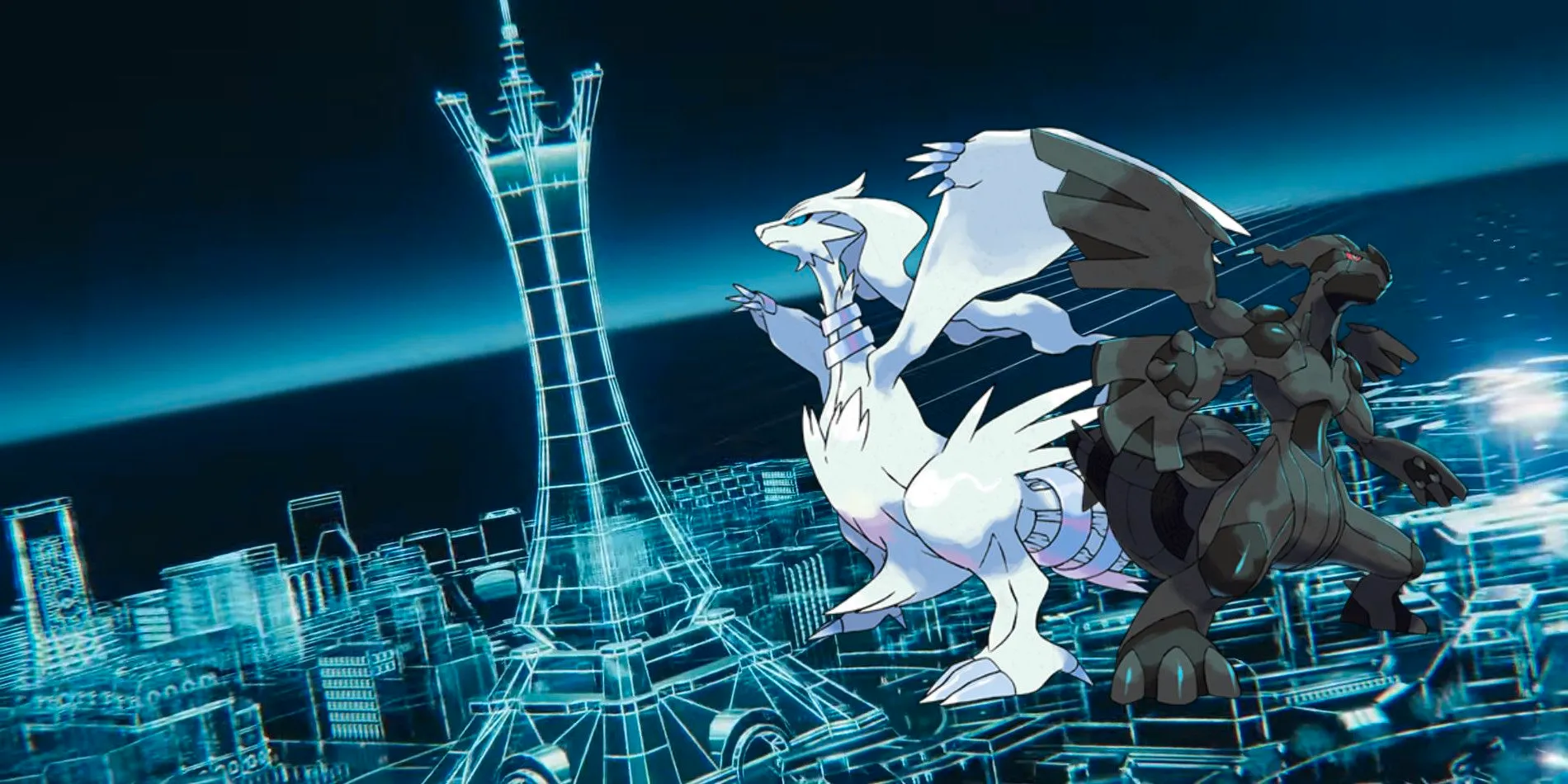 A shot of a wireframe Lumiose City, with Zekrom and Reshiram on the left. Image