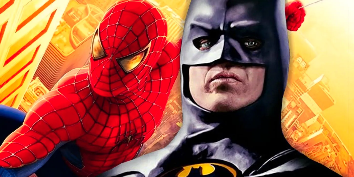 A shot of Michael Keaton's Batman with Tobey Maguire's Spider-Man Image