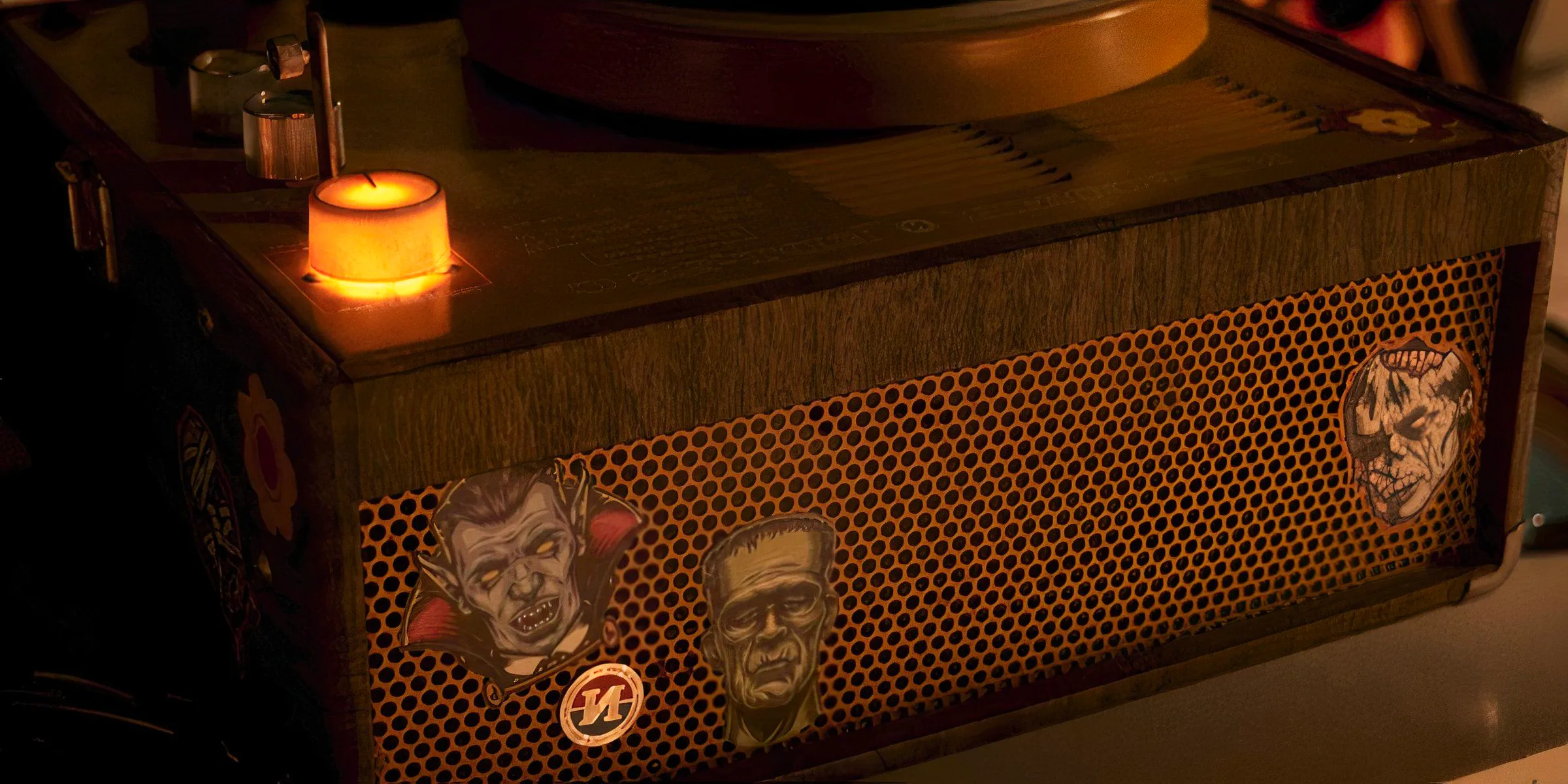 A shot of monster sticker's on a record player in Salem's Lot 2024 Image