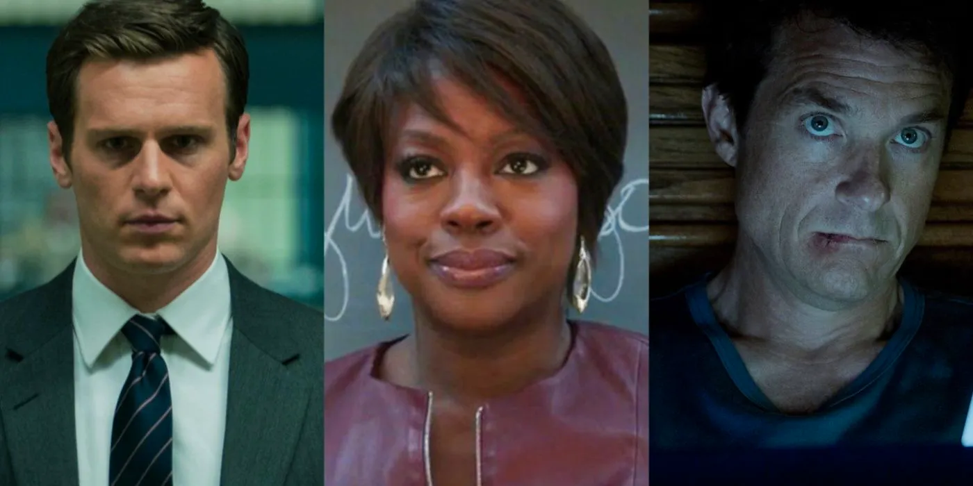 A side by side image features Jason Bateman, Viola Davis, and Jonathan Groff as their characters in the crime shows Ozark, How to Get Away With Murder, and Mindhunter Image