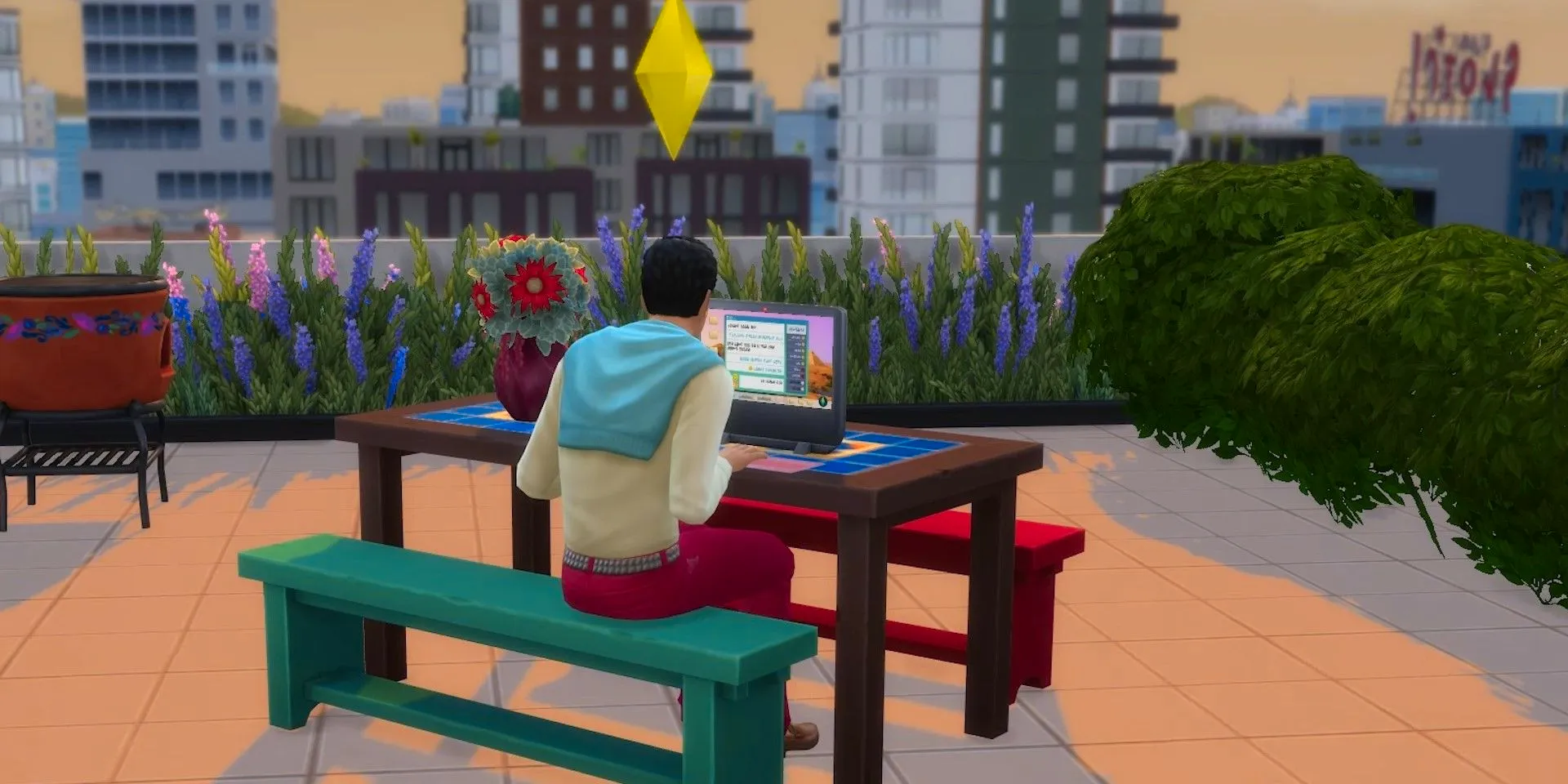 A Sim using the Dating App in The Sims 4 Lovestruck. Image