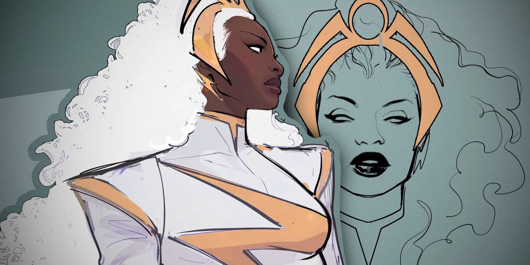 A sketch of Storm wearing a gold headband (left, background) and Storm wearing her new costume (foreground, color) Image