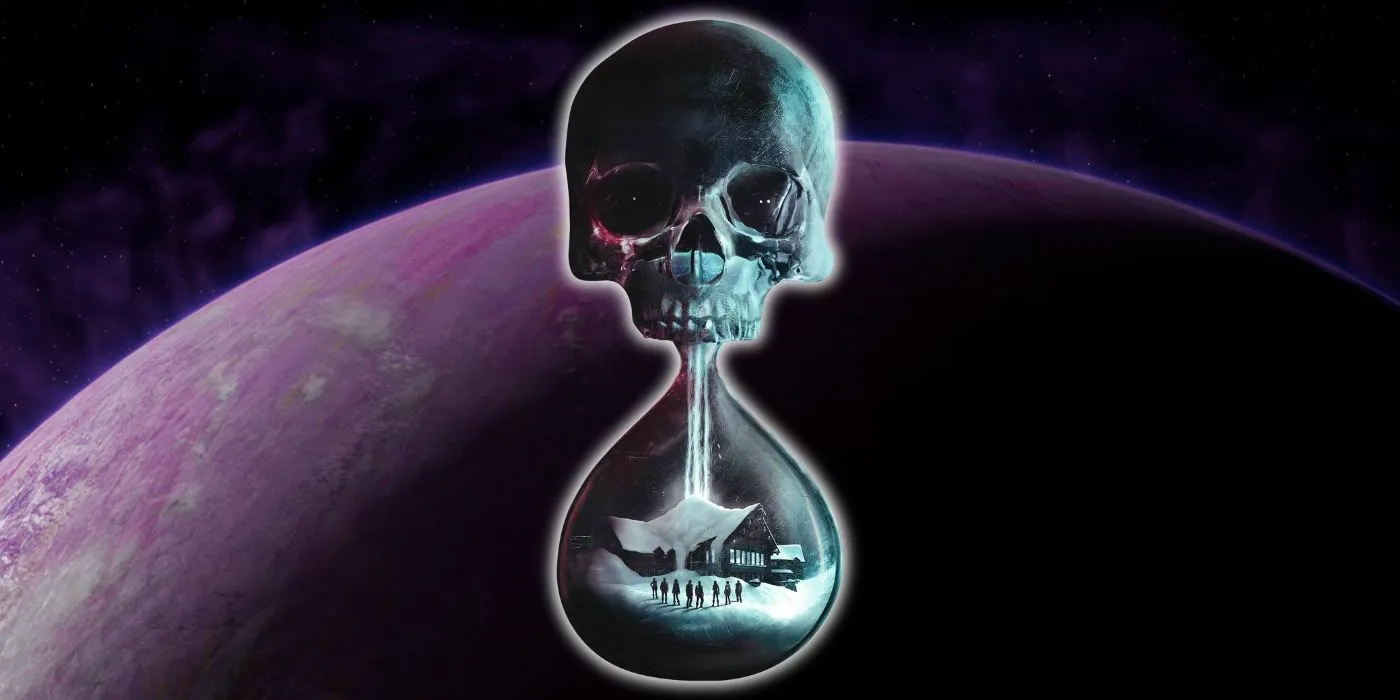 A Skull-shaped hourglass over a red planet Image