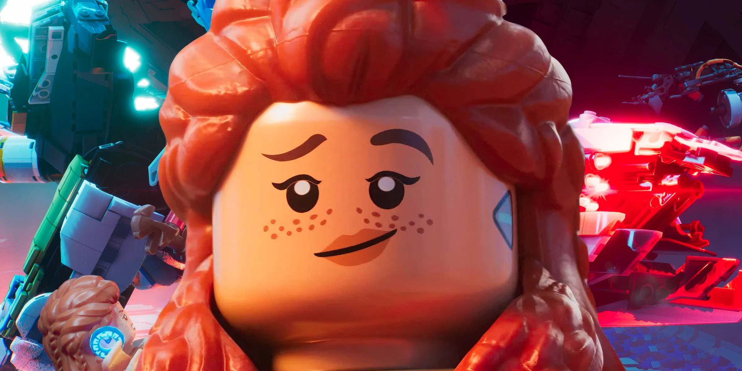 A smiling LEGO Aloy and a beastly robot in screenshots from LEGO Horizon Adventures. Image