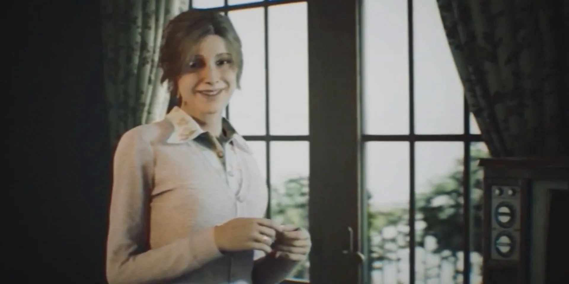 A smiling Mary in front of the hotel room window in a screenshot from Silent Hill 2. Image