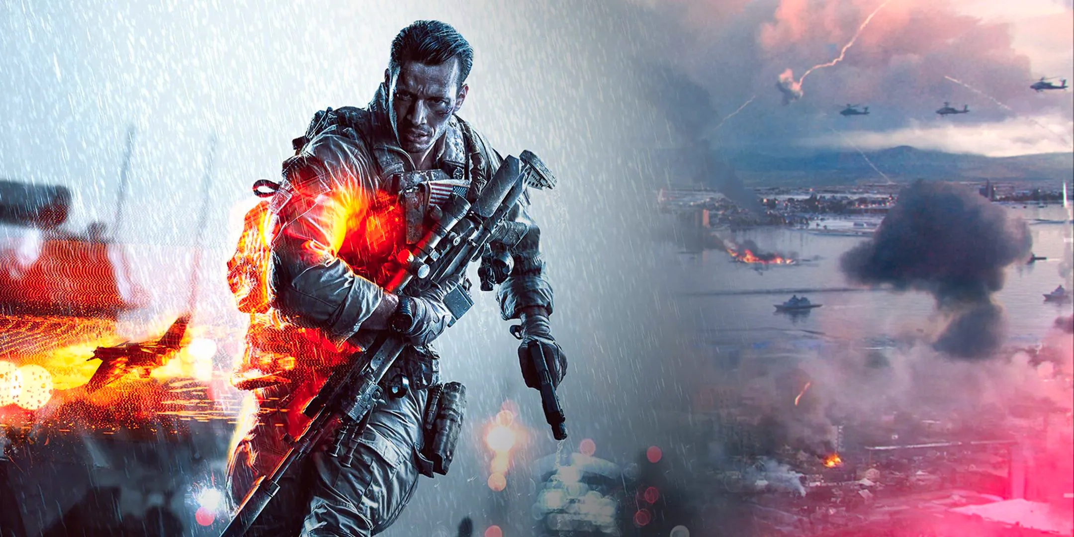 A soldier from Battlefield 4 in front of concept art for an upcoming Battlefield game. Image