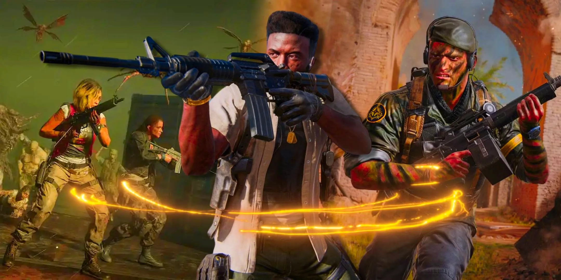 A soldier with an assault rifle from Call of Duty Black Ops 6 in the middle with Zombies gameplay on the right and another soldier on the left. Image