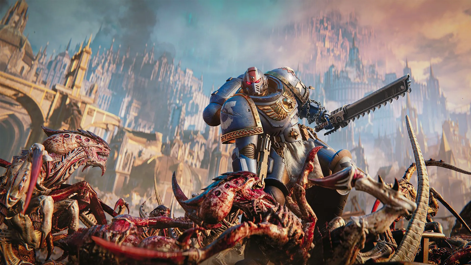 A Space Marine grappling with a downed Tyranid in a screenshot from Warhammer 40k: Space Marine 2. Image