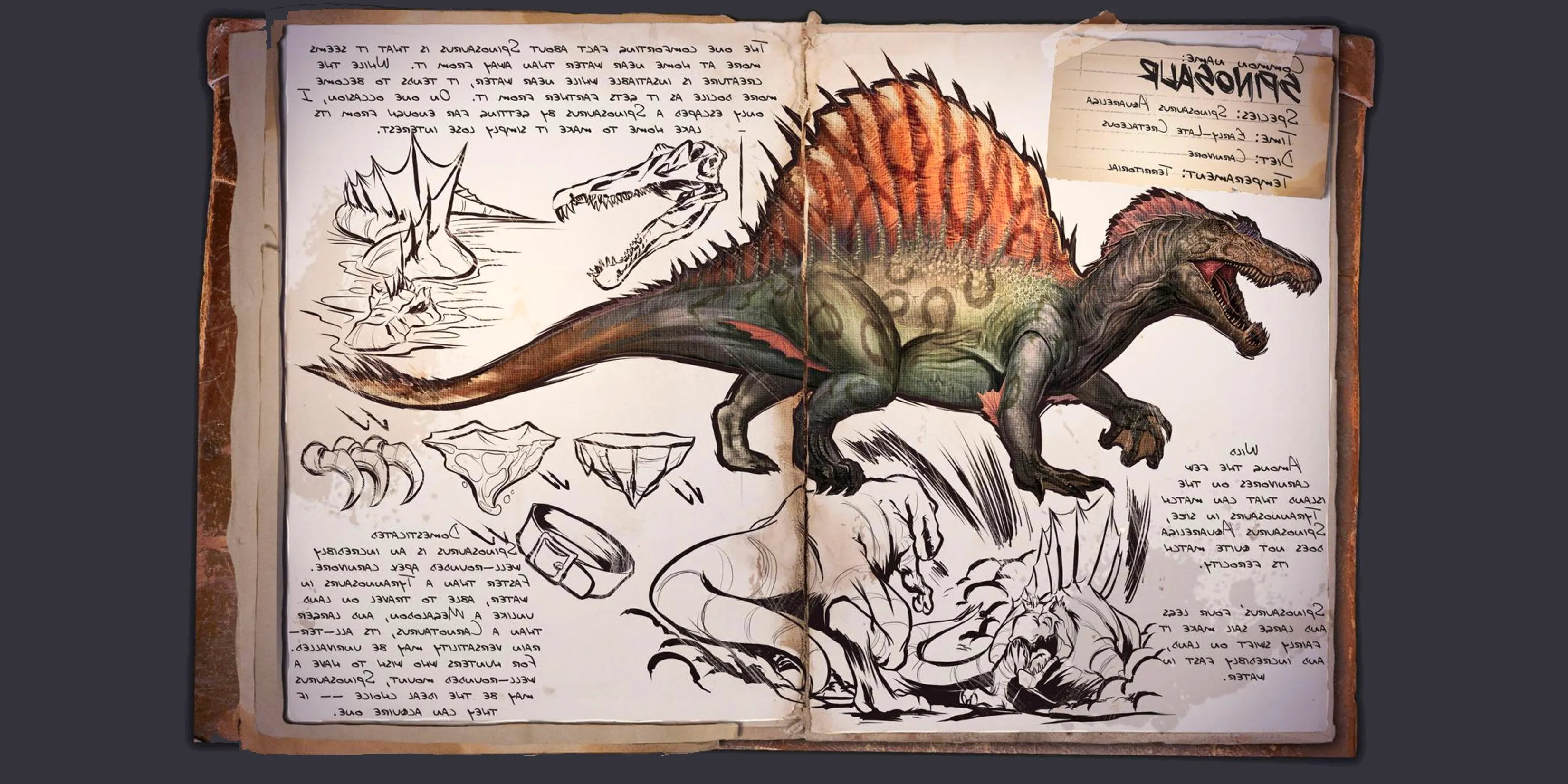 A Spinosaur encyclopedia entry in Ark: Survival Ascended.  Image