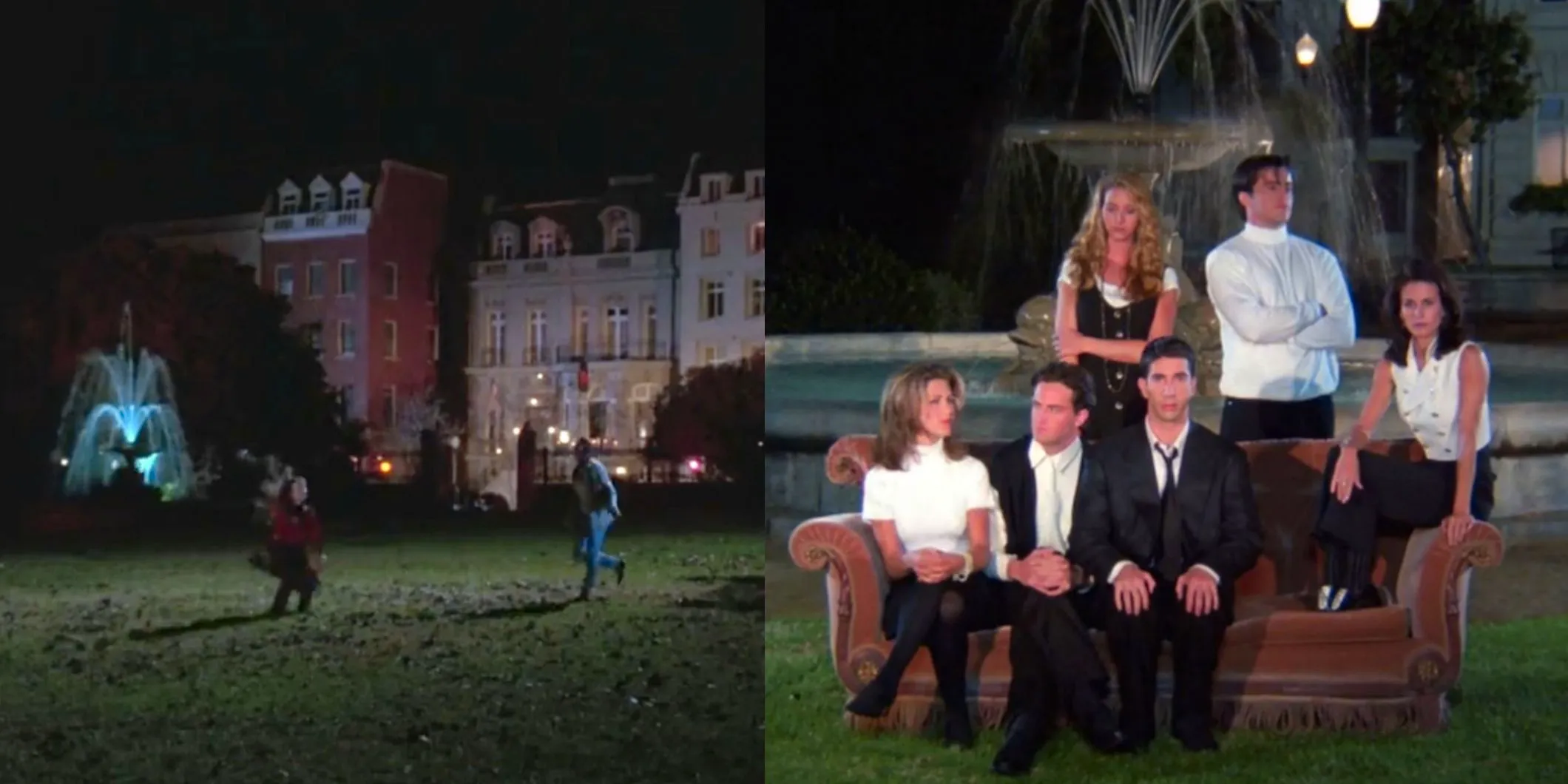 A split image features the Friends cast in front of a fountain and the Hocus Pocus characters in front of the same fountain Image