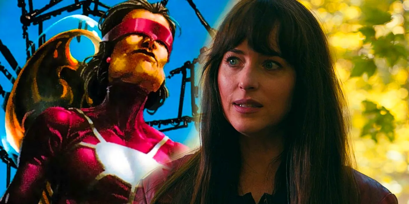 A split image of Dakota Johnson in Madame Web and Madam Web in a Marvel Comic Image