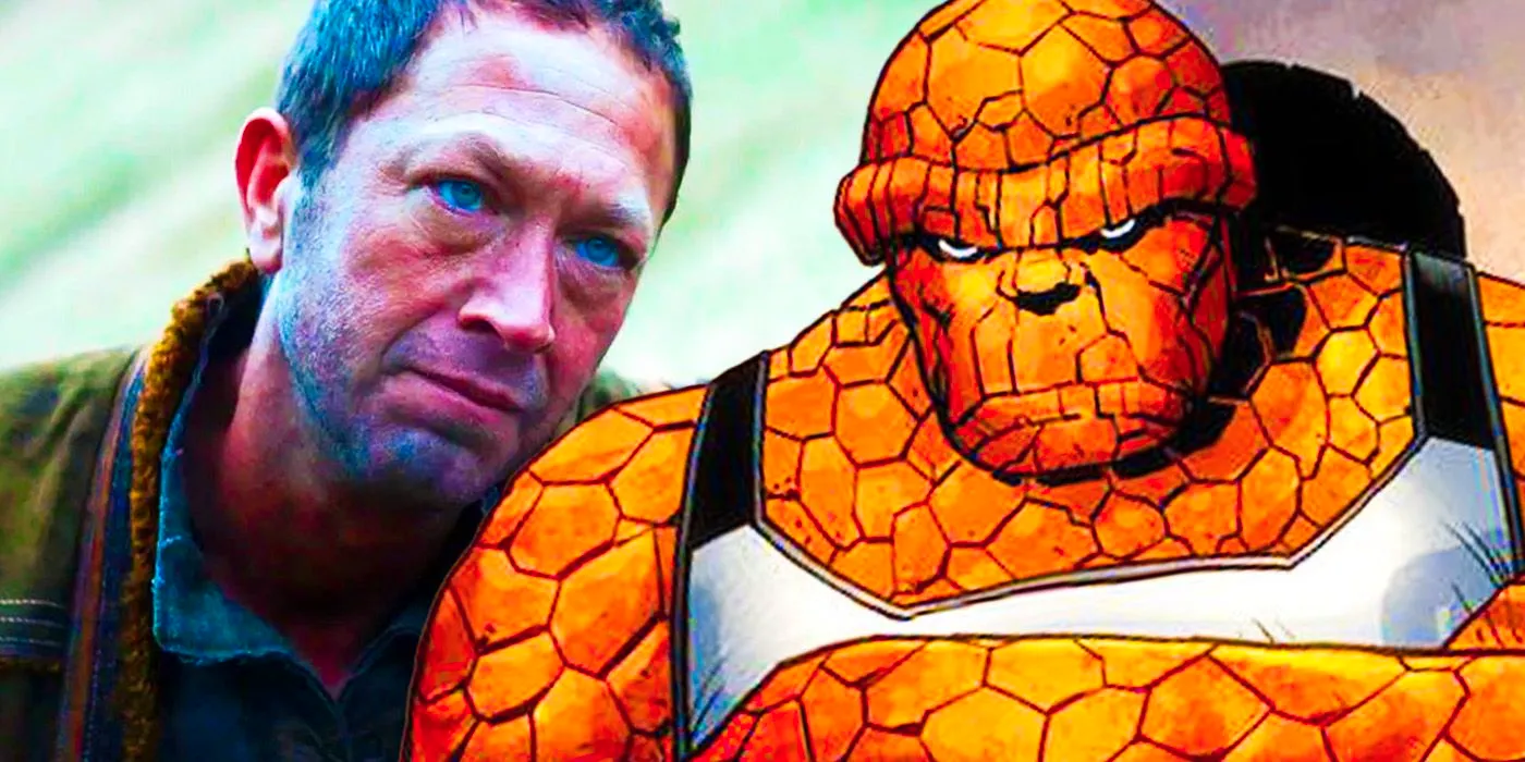 A split image of Ebon Moss-Bachrach in Andor and the Thing in Marvel Comics Image