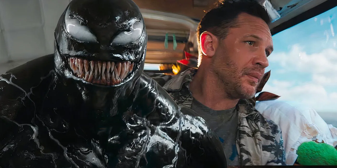 A split image of Eddie Brock looking out a window and Venom smirking in Venom The Last Dance Image