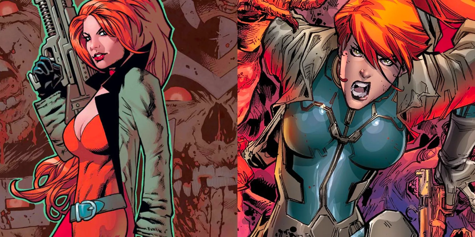 A split image of Elsa Bloodstone preparing for battle in the Marvel comics Image