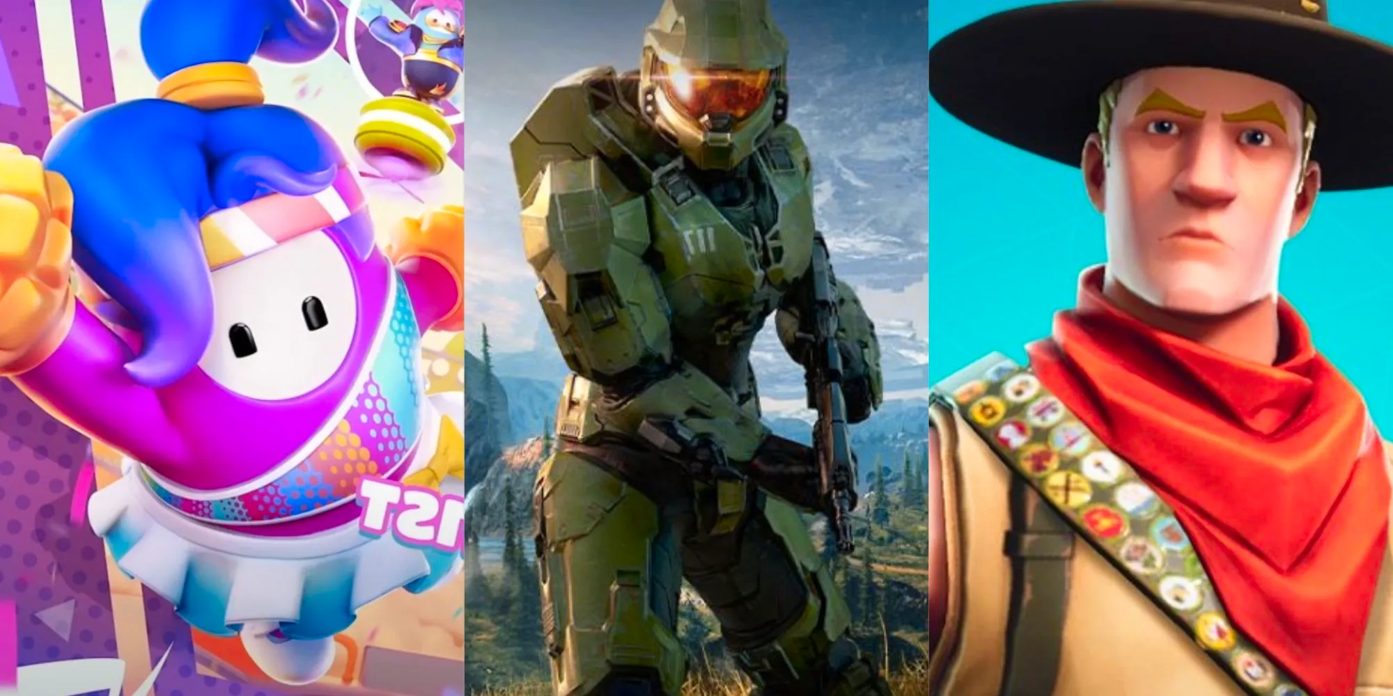 A split image of Fortnite, Halo Infinite, and Fall Guys. Image