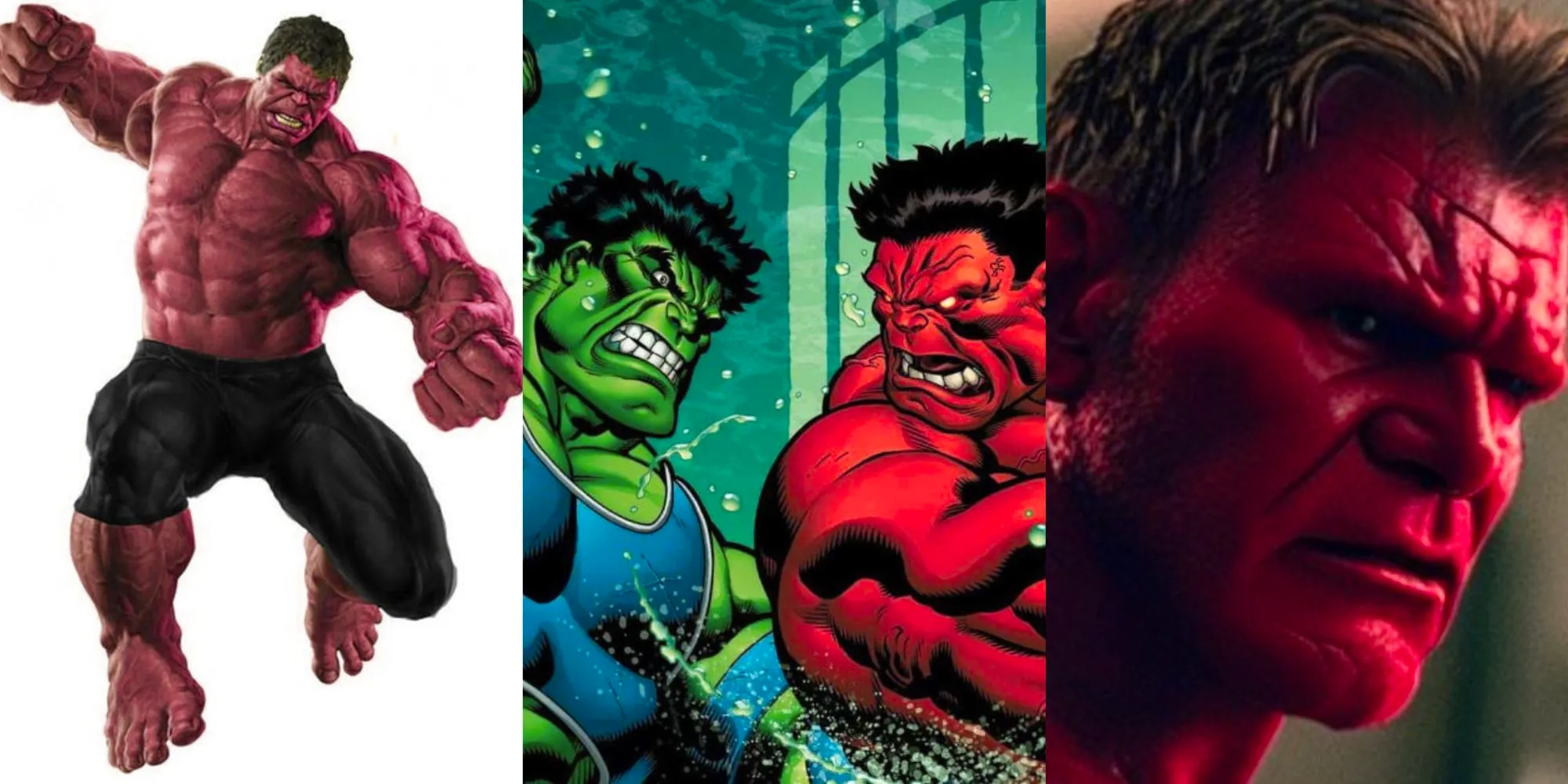 A split image of Harrison Ford as Red Hulk, Red Hulk squaring off against Hulk, and an action image of Red Hulk is shown. Image