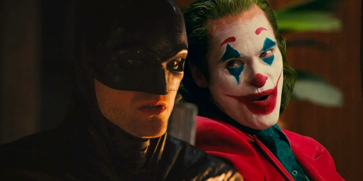 A split image of Joaquin Phoenix's Joker being interviewed and Robert Pattinson's Batman looking serious-1 Image