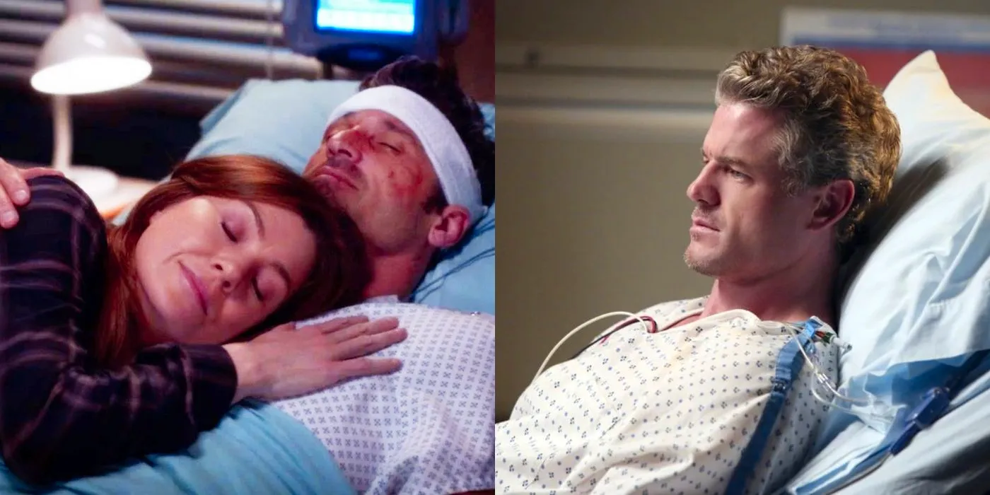 A split image of Mark lying in a hospital bed and Meredith lying with Derek after his death in Grey's Anatomy Image