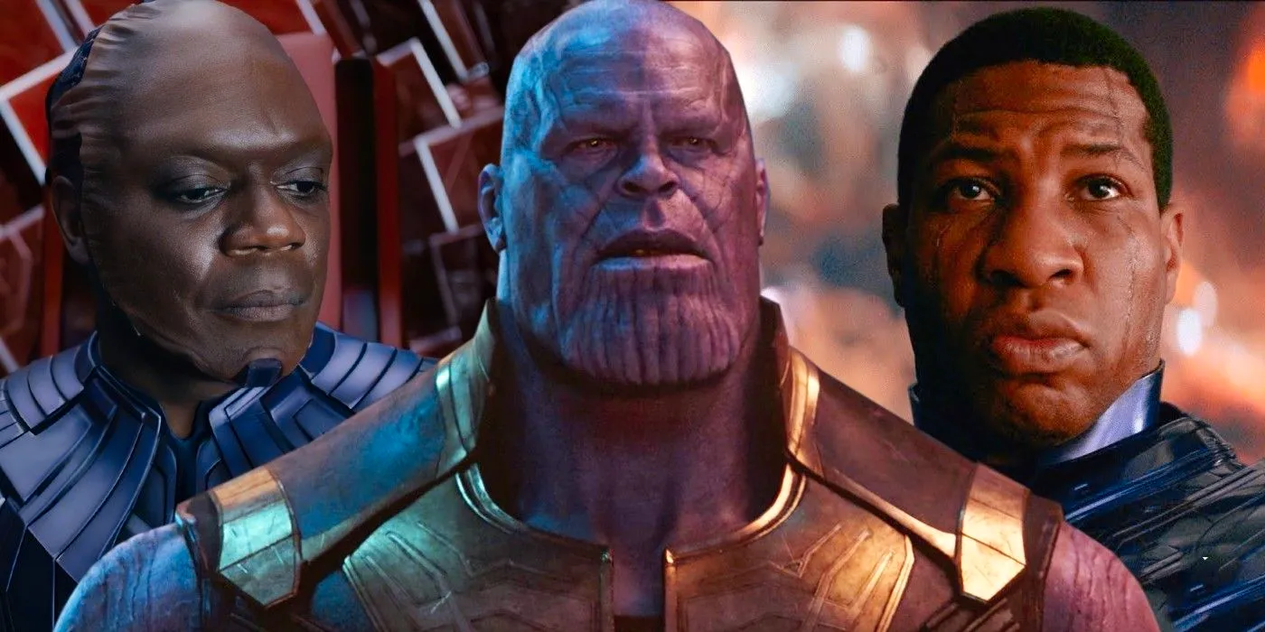 A split image of Thanos, Kang, and the High Evolutionary in the MCU Image