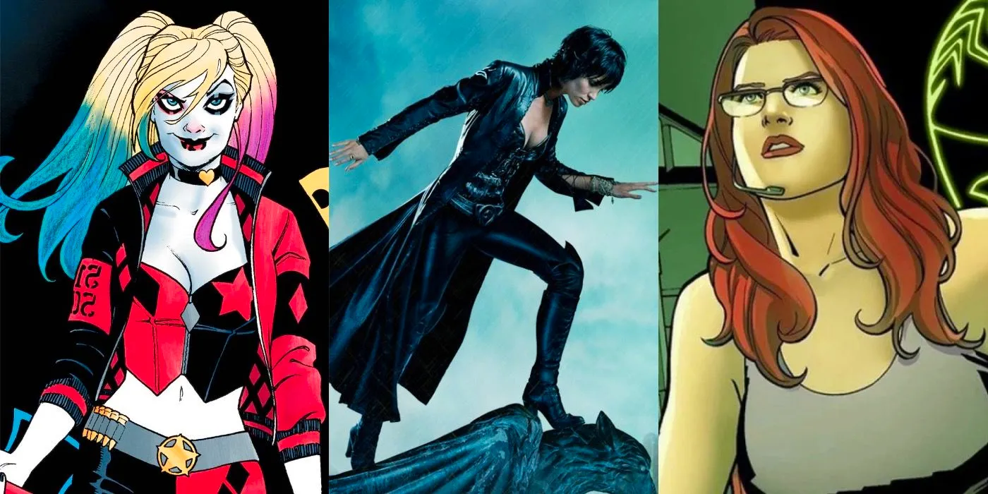 A split image of the Oracle, Katana, and Harley Quinn in the comics Image