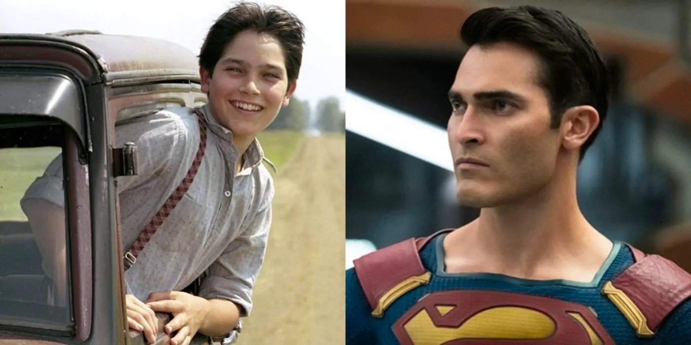 A split image of Tyler Hoechlin as Superman and as a child in Road to Perdition Image