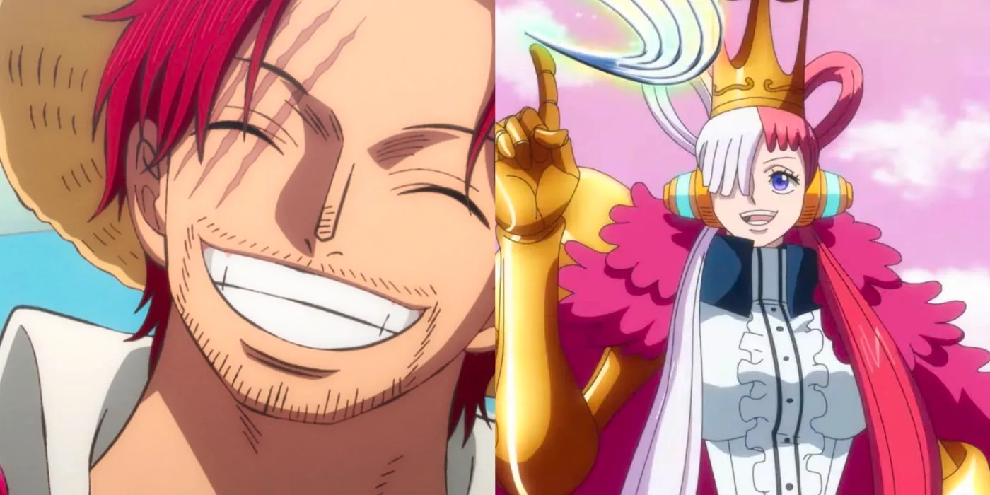 A split image of Uta and Shanks from One Piece Film: Red. Image