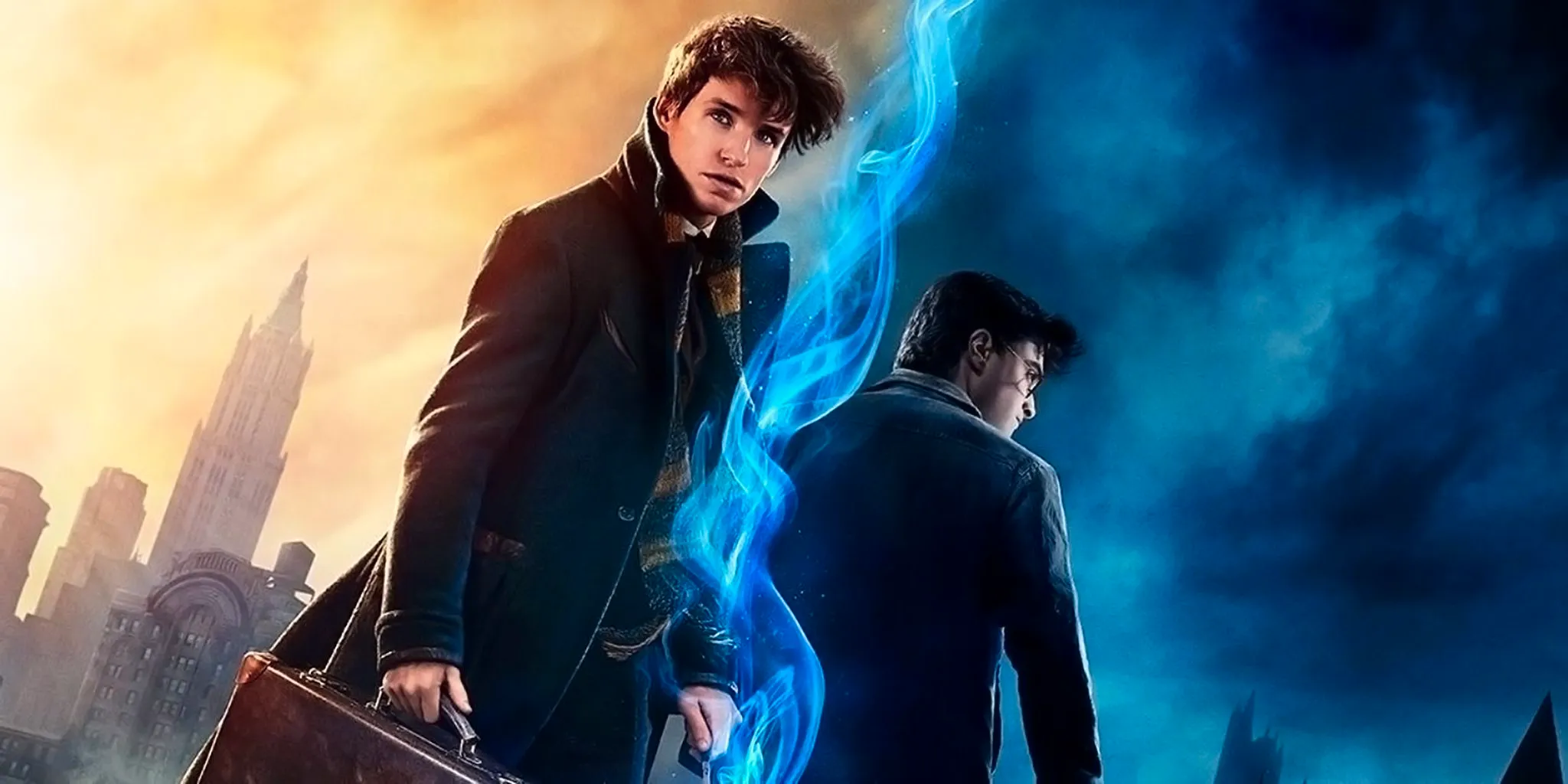 A split poster of Harry Potter (Daniel Radcliffe) in Harry Potter and Newt Scamander (Eddie Redmayne) in Fantastic Beasts Image