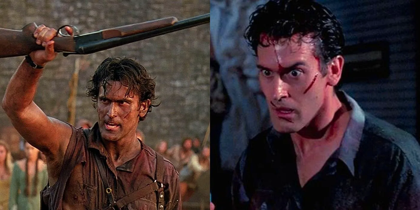 A split screen image of Ash from Evil Dead movies. Image