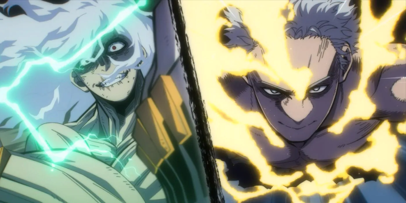 A split screen of All for One and Shigaraki. Image