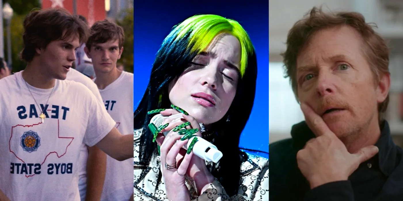 A split screen of Michael J Fox, Billie Eilish and Boys State. Image