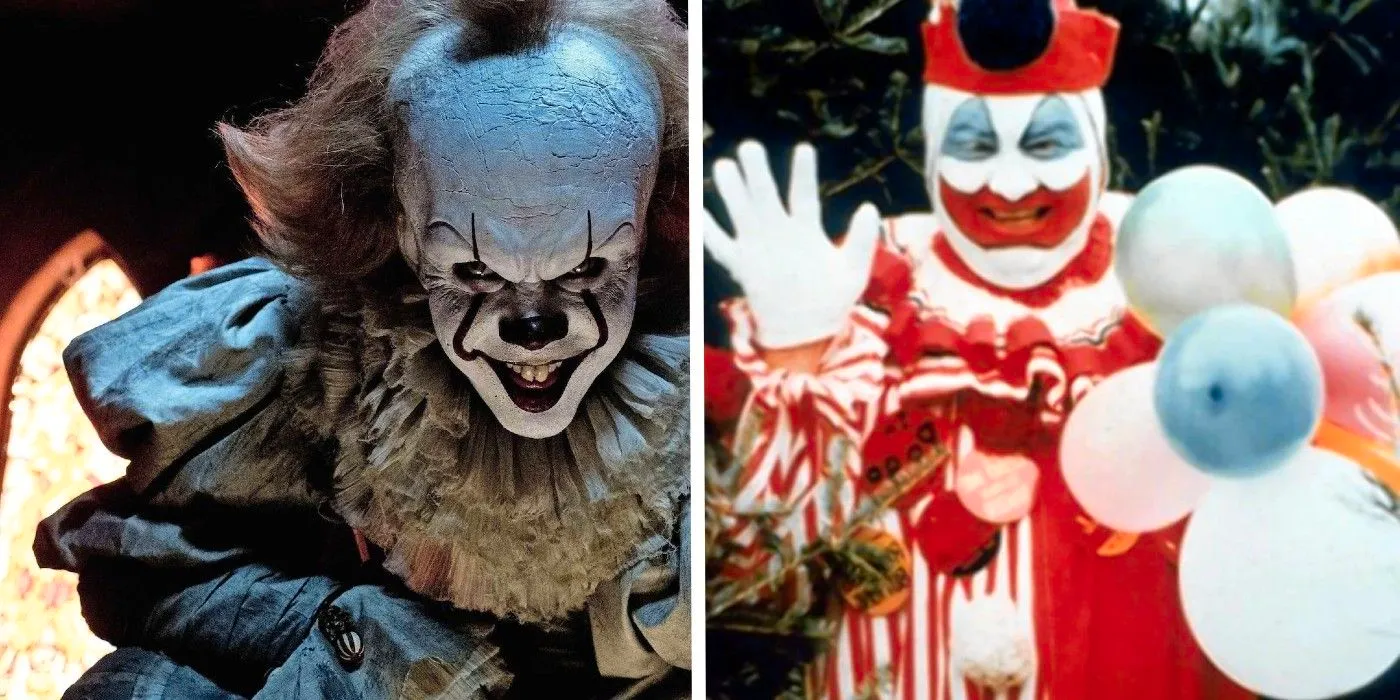 A split screen of real life serial killer John Wayne Gacy and Pennywise. Image