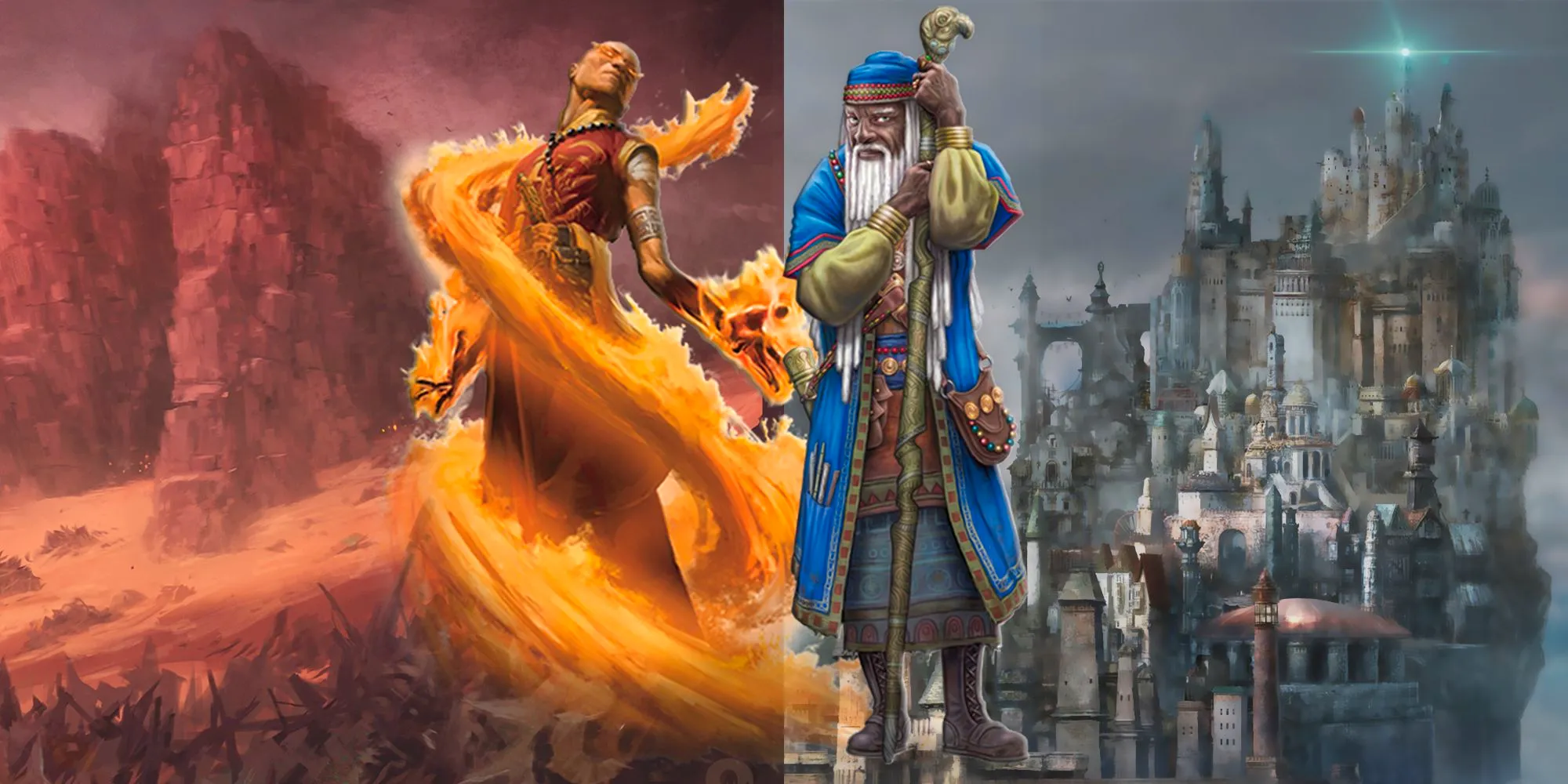 A splitscreen image of a Wizard and a Sorcerer in Dungeons and Dragons Image