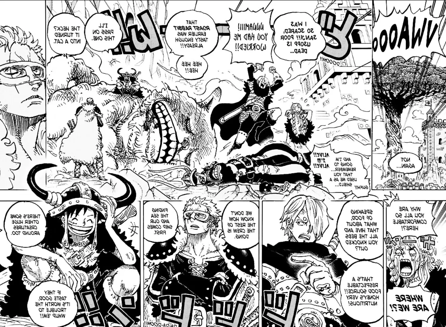 A spread of One Piece #1127 with the original five straw hats Image