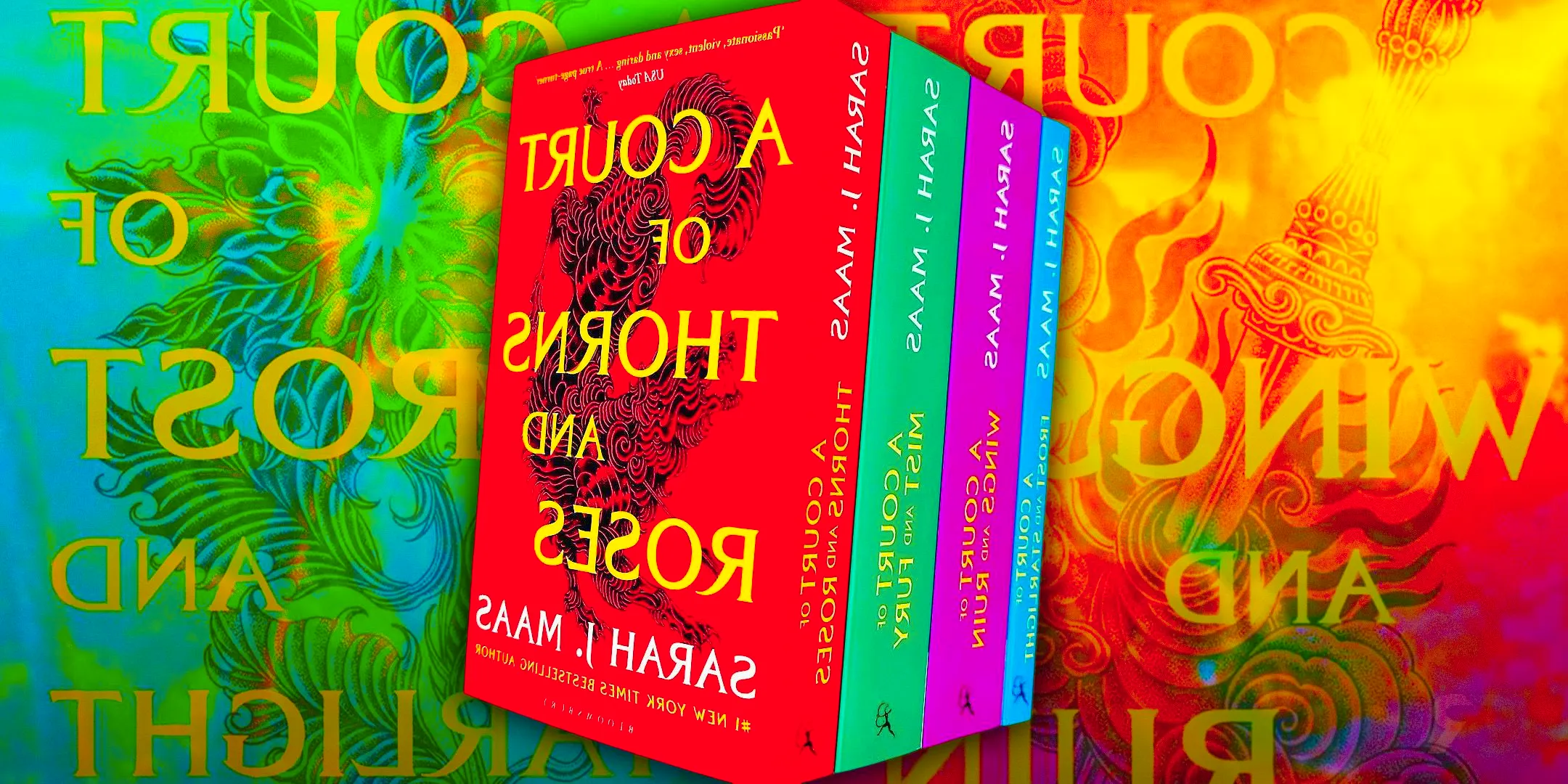 A stack of Sarah J. Maas' A Court of Thorns & Roses books against a colorful background Image