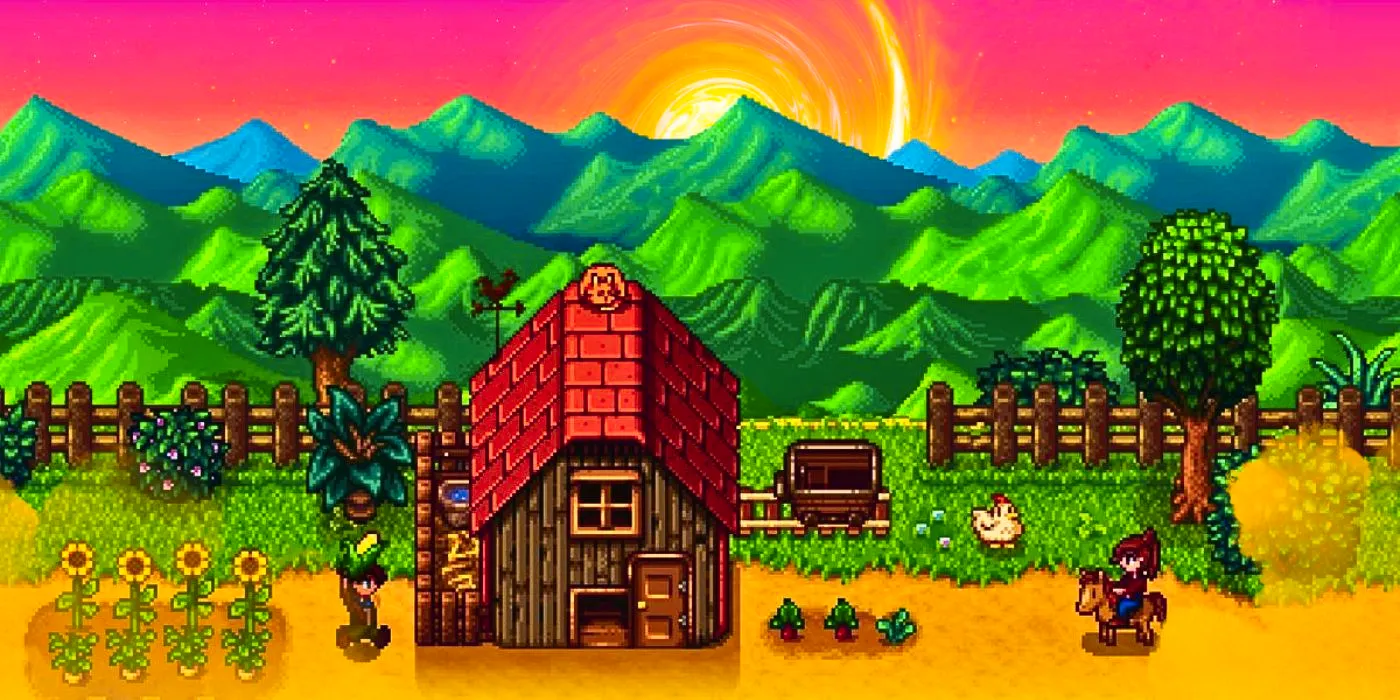 A Stardew Valley farmer rides a horse toward a chicken coop with a ginger cat sleeping.  Image