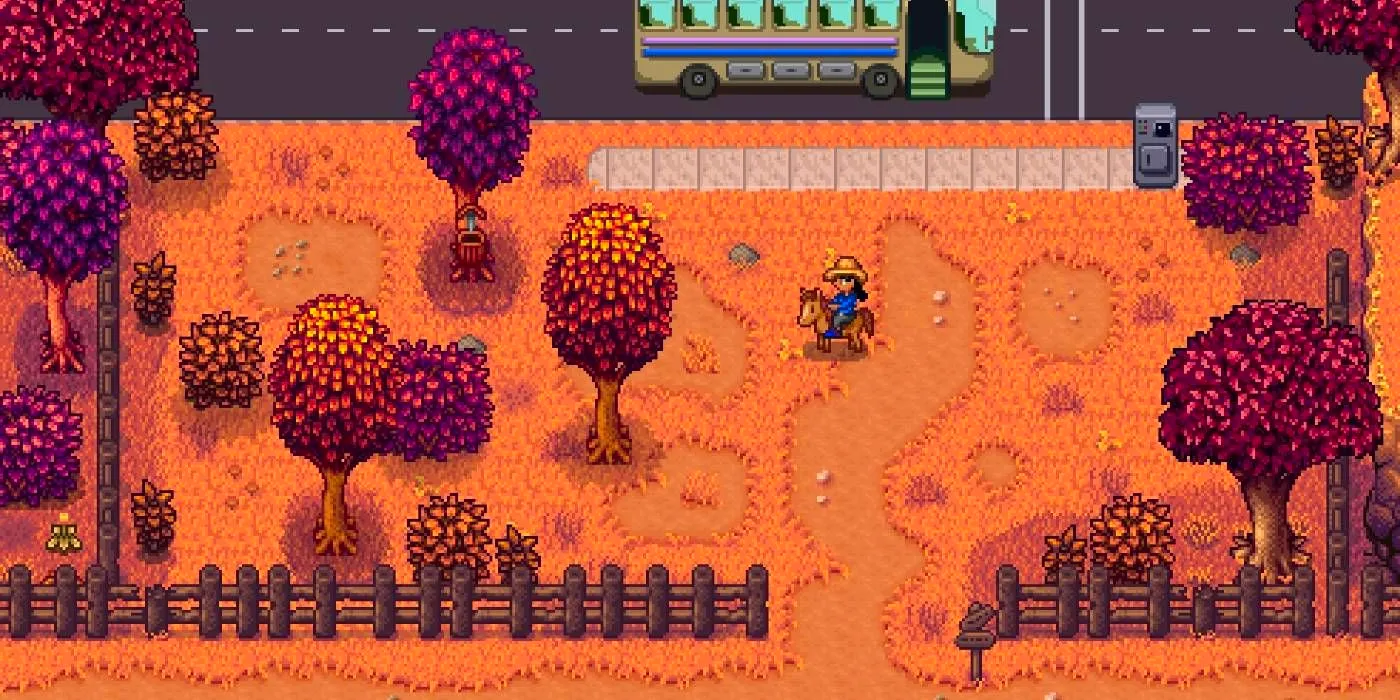 A Stardew Valley Farmer riding her horse near a bus stop Image