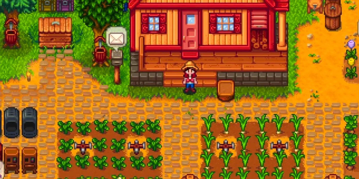 A Stardew Valley farmer standing outside their house with mail waiting to be opened Image