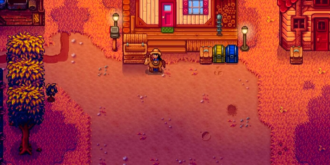 A Stardew Valley farmer stands next to her horse near her home Image