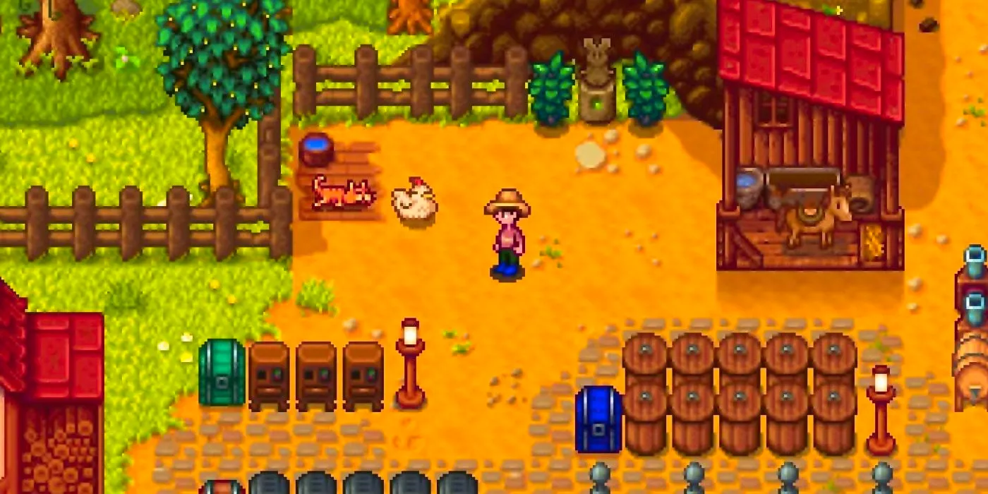 A Stardew Valley player standing with a chicken and cat. Image