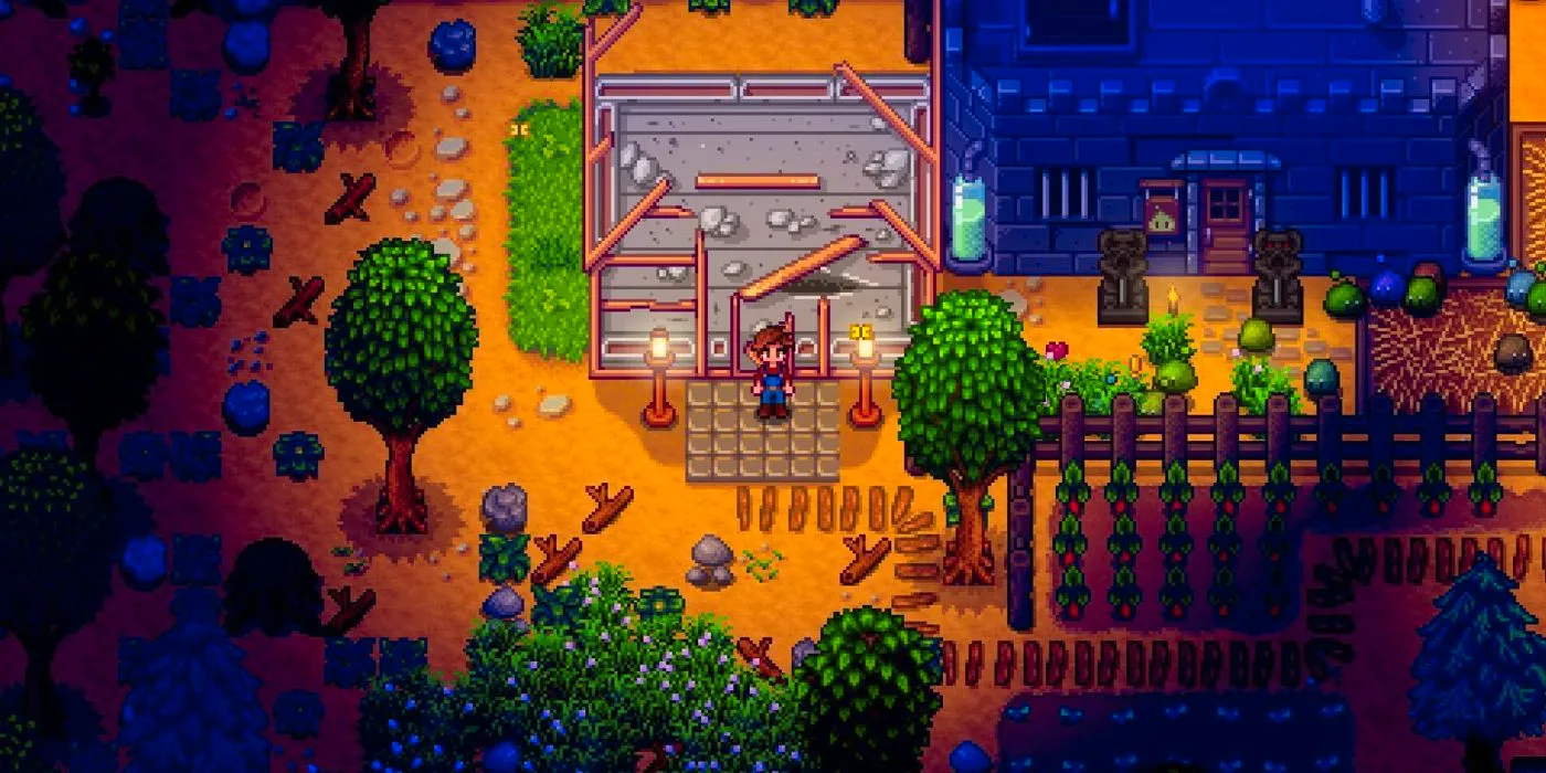 A Stardew Valley standing outside their broken greenhouse at night Image