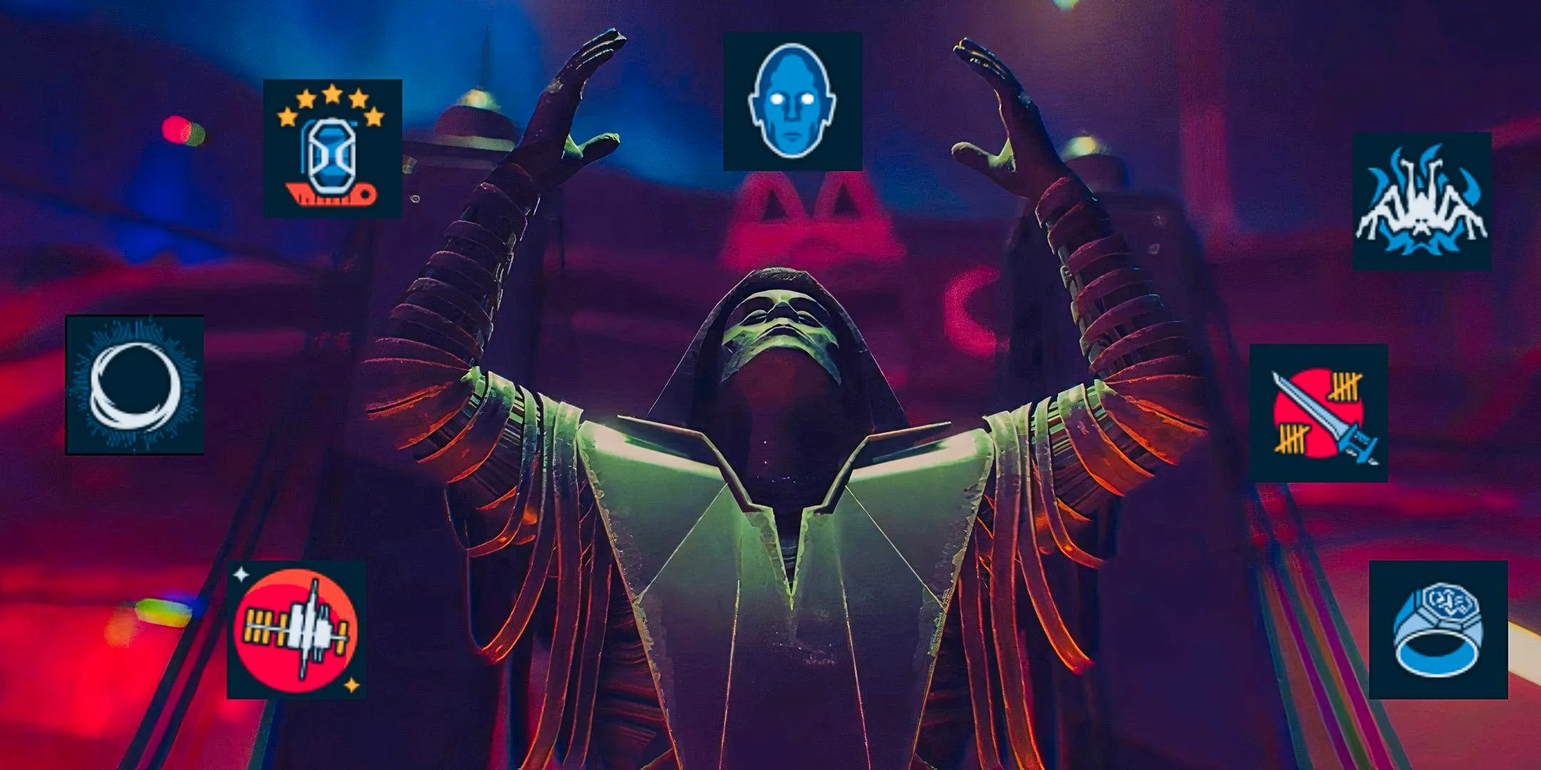 A statue of a robed man with arms skyward in a screenshot from Starfield's Shattered Space DLC, surrounded by several simple icons depicting the DLC's many achievements. Image