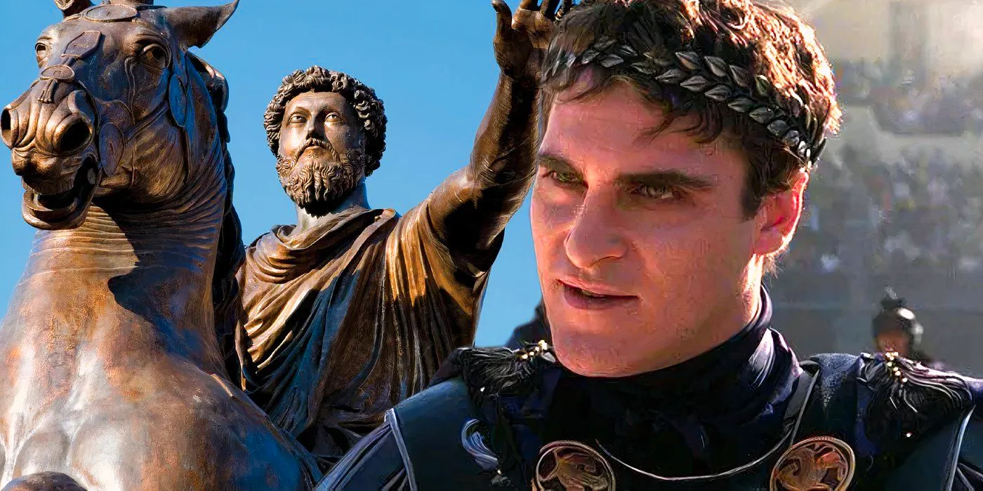 A statue of Marcus Aurelius next to Joaquin Phoenix as Commodus in Gladiator (2000) Image