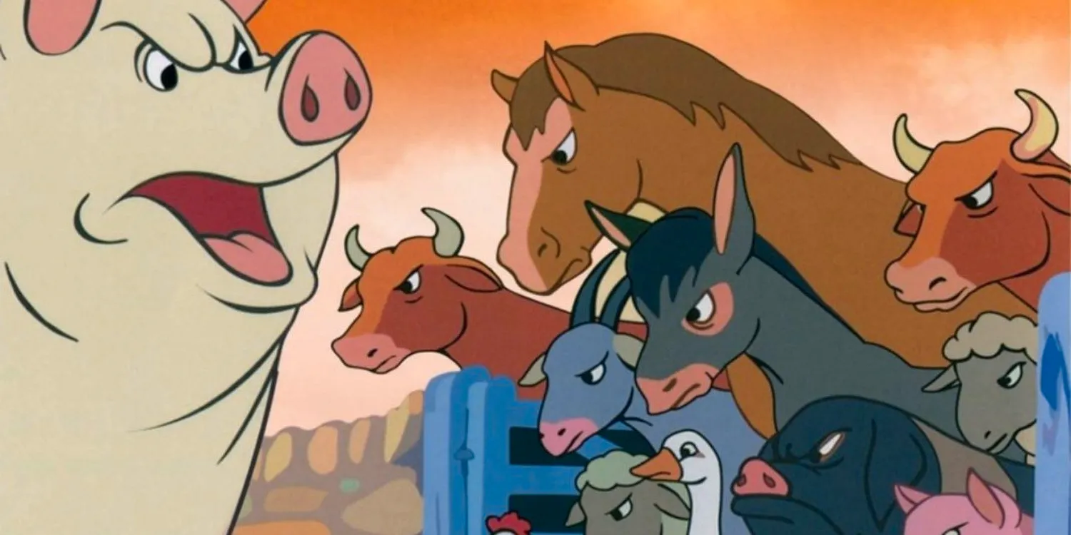 A still from 1954's Animal Farm movie featuring a pig and other angry barnyard animals Image