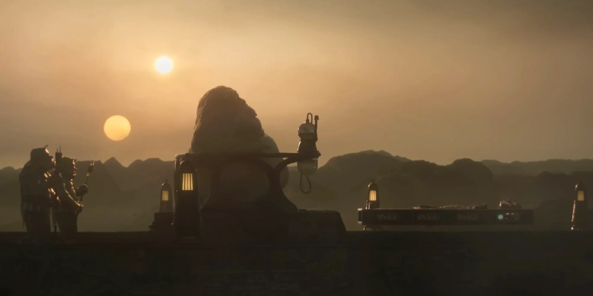 A still from Star Wars Outlaws' reveal trailer, showing Han Solo frozen in carbonate being escorted on Tatooine, its iconic dual stars in the background. Image